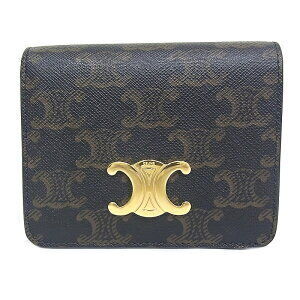 Celine Triomphe Compact Wallet Canvas Lambskin Tan